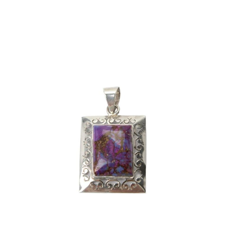 Designer Womens 925 Silver Purple Turquoise Rectangle Pendant 1.6" 6.7g